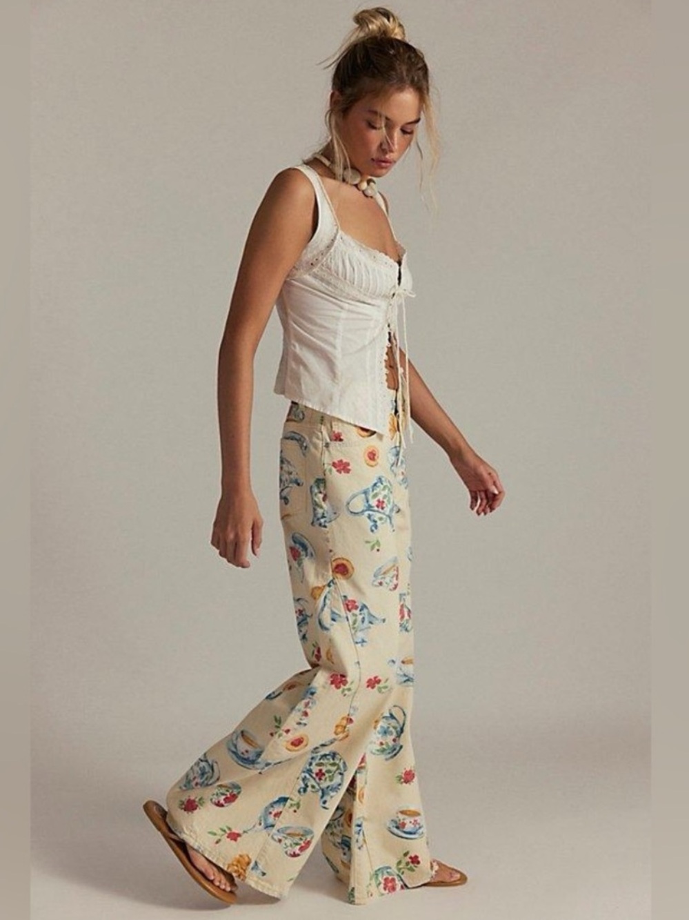 Wide-Leg Tea Party Print Jeans — Cream - Picture 2 of 13